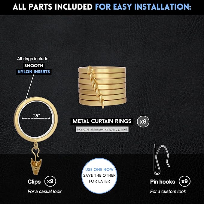 BlastHome® Luxury Curtain Rings - Premium Metal with Quiet, Smooth Nylon Inserts - Pinhooks and Clips Included - 1 1/2" Inside Diameter - 9 Rings for One Standard Curtain - Brushed Gold