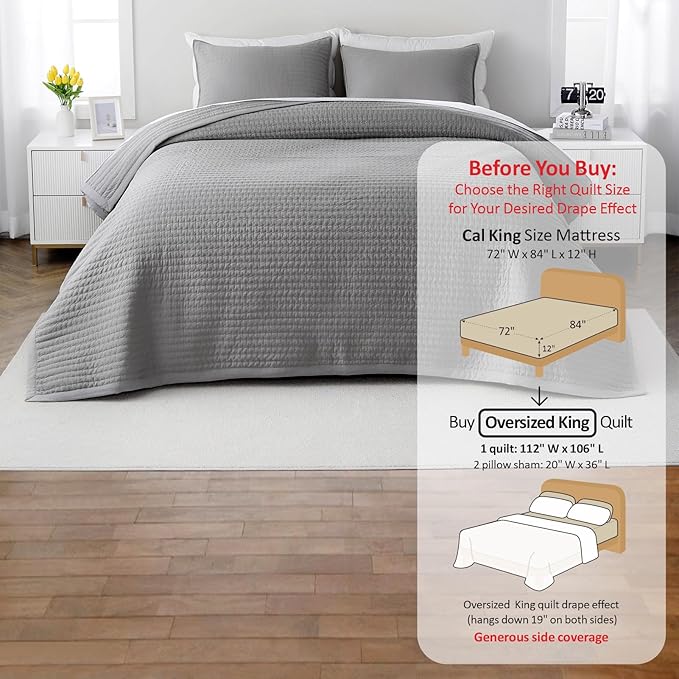 Max Oversized California King Quilt Set – 112"x106" Soft Washed 3-Layer Lightweight Bedspread with Multi-Lock Quilting, Minimalist Nordic Bedding, All-Season Quilt Set (1 Quilt + 2 Pillow Shams) Grey