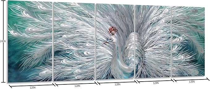 Yihui Arts Peacock Metal Wall Art, Teal and Silver Aluminum Artwork, Modern Sculpture for Living Room Bedroom Bathroom Decor