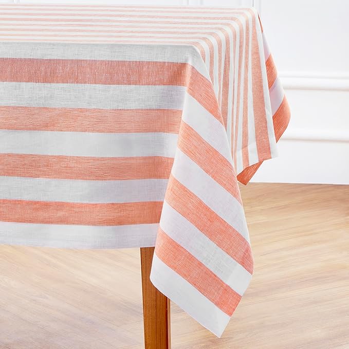 Solino Home Linen Striped Tablecloth 60 x 120 Inch - 100% Pure Linen Salmon and White Table Cloth for Rectangle Tables - Cabana Stripe, Machine Washable Tablecloth