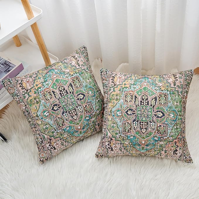 Boho Throw Pillow Covers 18x18 inch Set of 2,Boho Vintage Carpet Pattern Antique Ethnic Decor Double Sided Pattern Cushion Cover Soft Pillow Case Living Sofa Room Bed Square Pillow Cover