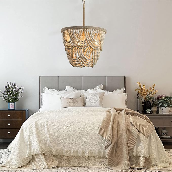 Wood Beaded Chandelier 3-Lights Rustic Antique Coastal Boho Pendant Light Fixtures for Nursery Baby's Bedroom Dining Room Living Room Kicthen Entryway