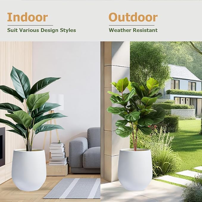 12.5"H x 11.4"D Corso Fiberstone Round Tapered Planter, Christmas Tree Planter, Smooth Finishes, Weather Resistant for Indoor & Outdoor Use, Included 2 Extra Coco Mats (White,9" Pot Opening)
