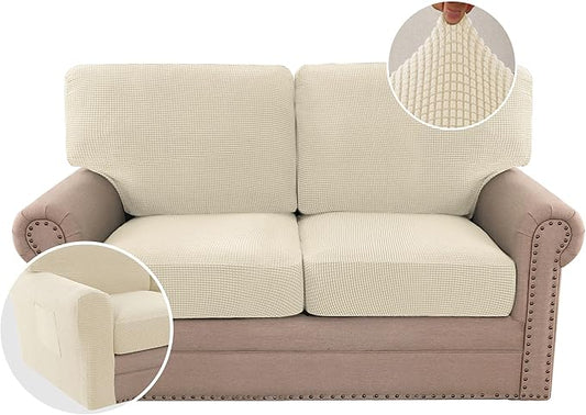 H.VERSAILTEX Multi-Pieces Sofa Covers Stretch Couch Covers Form Fitted Seats and Back Cushions Covers (2 Seat Covers Plus 2 Back Cusion Covers, Bonus 2 Armrest Covers), Natural