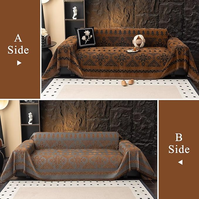 VClife Boho Couch Cover for Christmas 1 Piece Soft Warm Couch Cover for Sectional Sofa, Washable Pumpkin and Black Jacquard 3-Seaters Sofa Covers for Home Office RV 71"x150"