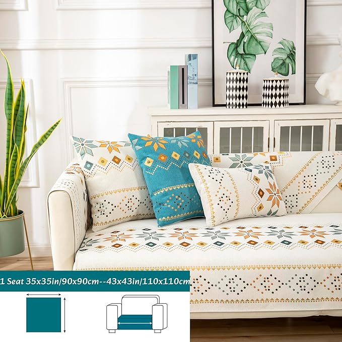 Boho Chenille Couch Covers,Geometric Couch Covers for Sofa,Chenille Couch Cover Non Slip,Sectional l Shaped Sofa Furniture Protector Cover for Home Decor,Off-White_1 Seat 43x43in/110x110cm