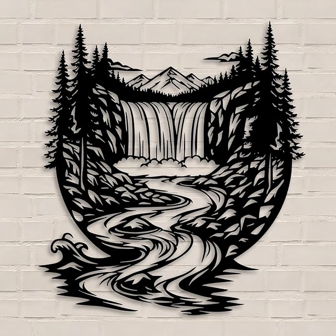 OZF Mountain Waterfall Forest Metal Wall Art, Rustic Wilderness Landscape Metal Wall Decor, Modern Nature Hanging Decor for Living Room Office, Cabin Themed Home Sculpture (Black, 19 x 19 in | 47 x 47cm)