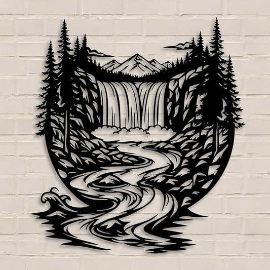 OZF Mountain Waterfall Forest Metal Wall Art, Rustic Wilderness Landscape Metal Wall Decor, Modern Nature Hanging Decor for Living Room Office, Cabin Themed Home Sculpture (Black, 19 x 19 in | 47 x 47cm)