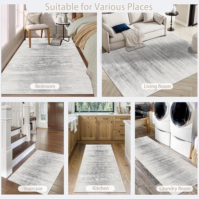 Enkor Area Rugs 5x7 Washable Non Slip Abstract Soft Rugs for Living Room Bedroom, Modern Mat for Kitchen Entryway White & Grey
