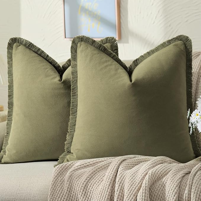 ZWJD Pillow Covers 18x18 Set of 2 Army Green Throw Pillow Covers with Fringe Chic Cotton Decorative Pillows Square Cushion Covers for Sofa Couch Bed Living Room Farmhouse Boho Decor