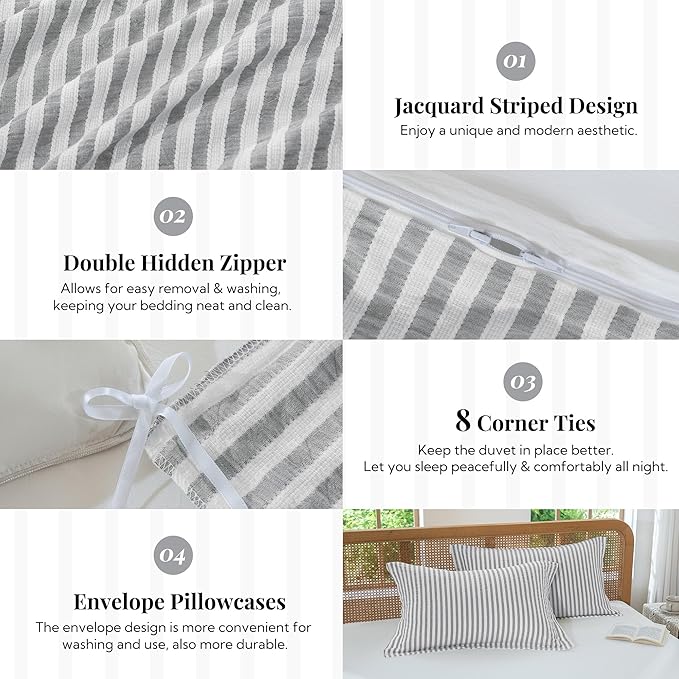 MILDLY Grey Striped Duvet Cover - 100% Washed Cotton Jacquard Boho Textured Comforter Cover 3pcs with Corner Ties Zipper Closure 90"x90"