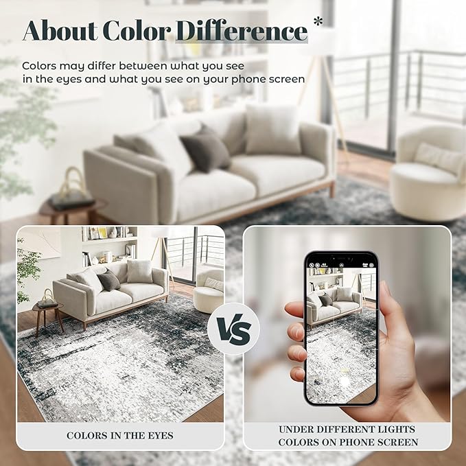 6x9 Area Rugs Washable Rug, Soft Modern Abstract Rugs for Living Room Large Low Pile Thin Rug Non Slip Indoor Neutral Carpet for Bedroom Dining Room Farmhouse Office Kids Playroom Black Grey Gold