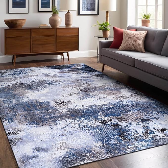 Non Slip Rugs 5x7 Modern Abstract Easy Silk Rubber Backing Soft Area Rug for Living Room Easy to Clean Non Shedding Kitchen for Bedroom Indoor Carpet (Navy - Blue, 5x7)