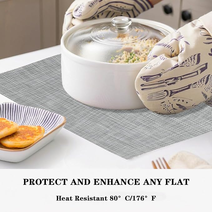 Grey Placemats Set of 2 - Heat Resistant Non-Slip Place mats for Dining Table, Washable Durable PVC Vinyl Woven Table Mats (Grey, 2)