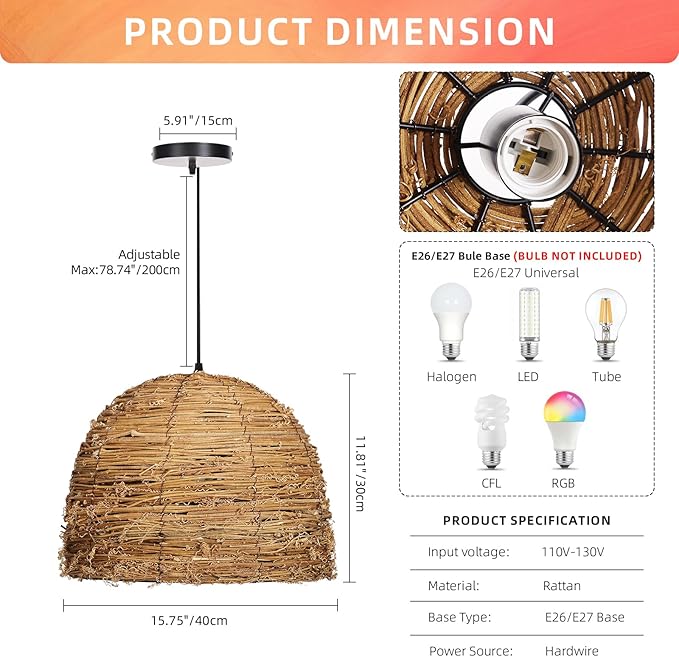 Arturesthome 1 Light Coastal Boho Chandeliers for Dining Room Woven Pendant Light Fixture Wicker Pendant Lamp for Living Room Entryway Hallway Bedroom 15.7"*11.8"