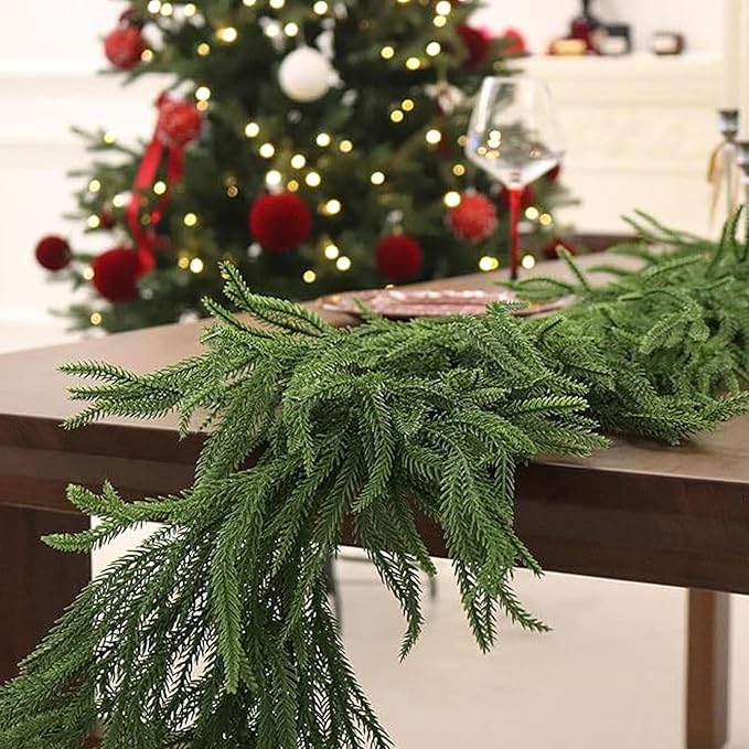 12FT(2*6FT) Christmas Norfolk Pine Garland, Soft Real Touch Faux Green Garlands, Holiday Decor Winter Artificial Greenery Garland for Mantle, Stairs, Table, Fireplace, Indoor Outdoor Xmas Decorations