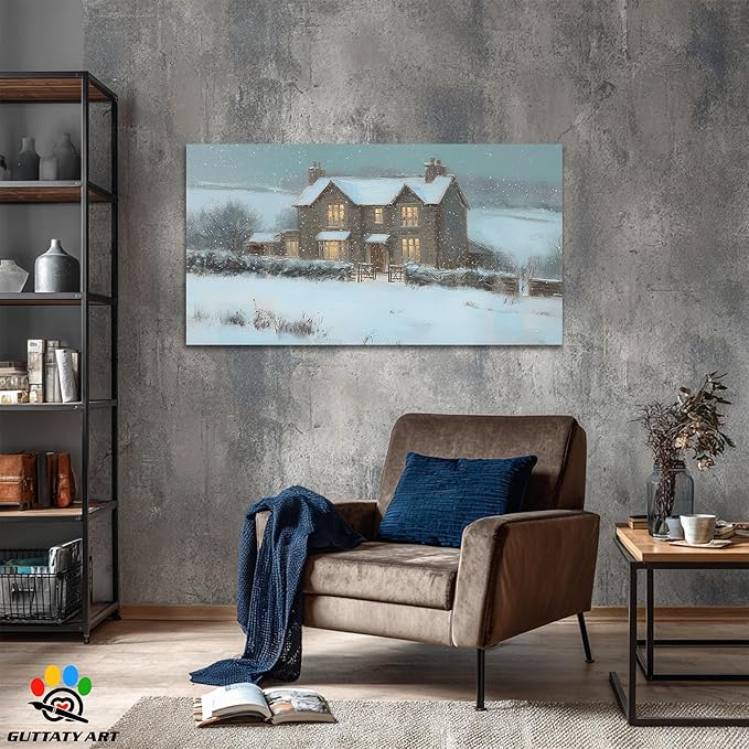 GUTTATY Christmas Winter Canvas Wall Art, Cozy House Snow Scene Canvas Painting, Christmas Winter Landscape Poster for Living Room, Office Decor, Gift for Family, 32x16 Inch
