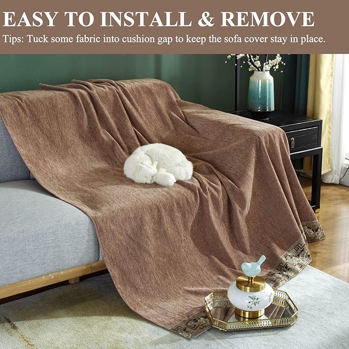 DREAMINGO Sofa Covers for 3 Cushion Couch Sofa Universal Furniture Protector Chenille Couch Cover for Dogs Cats Solid Luxury Jacquard Edge Couch Covers Sectional L Shaped (XX-Large, Brown)