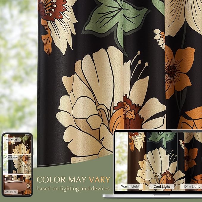 jinchan Lora Floral Curtain for Living Room Blackout Drape for Sliding Door Extra Wide Room Darkening Fall Decor Winter Vintage Flower Patterned Patio Door Curtain Grommet 1 Panel W100xL84 Inch Black