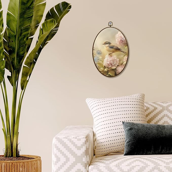 JQF Vintage Bird Hydrangea Oval Wall Art, Floral Rustic Cottagecore Pink Hydrangea Oval Canvas Wall Art, Retro Flower Bird Framed Prints Hanging Decor for Home Bedroom Living Room, 8.5x11.5 Inch