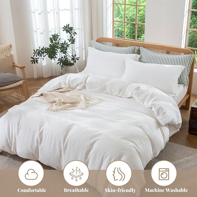 MILDLY White Boho Duvet Cover Set - 100% Washed Cotton Jacquard Stripe Textured Comforter Cover with Zipper Closure 80"x90"