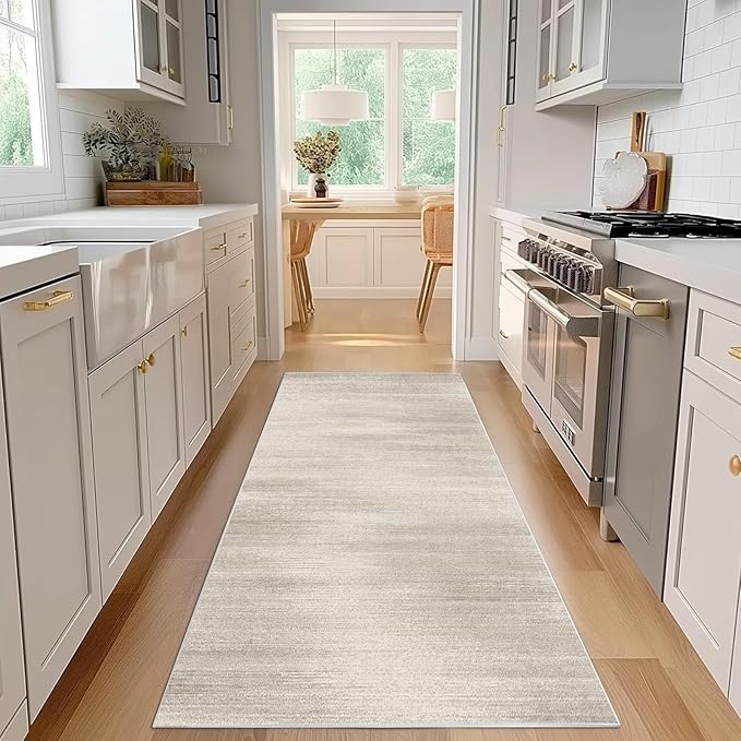 Enkor Runner Rugs for Hallway, 2'7"x8 Washable Soft Non Slip Abstract Rugs for Kitchen, Modern Mat for Entryway Living Room Bedroom Beige & Grey