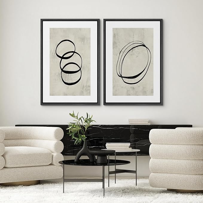 SIGNWIN Framed Canvas Print Wall Art Set Black Tan Ring Spiral Collage Abstract Shapes Cozy Neutral Modern Art Decorative Nordic Multicolor for Living Room, Bedroom, Office - 24"x36"x2 Black