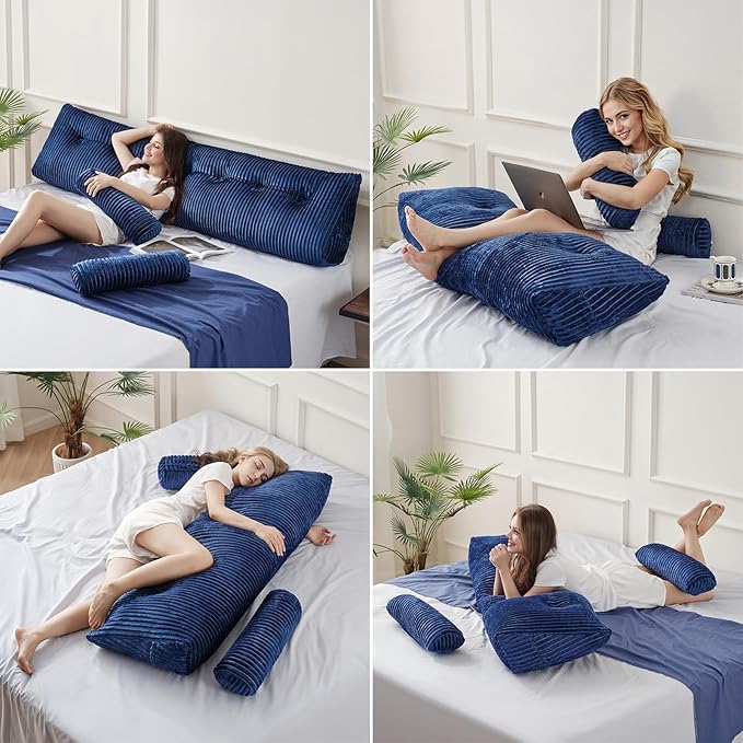 Z-hom King Size Wedge Headboard Pillow with 2 Roll Cushions, Large Reading Pillow for Bed Sitting Up, Triangular Backrest Cushion for Headboard, Supportive Pillow for Back Pain Relief, Blue