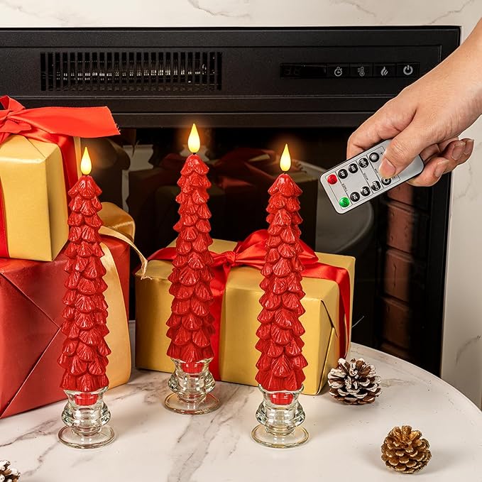 Homemory 3 Pcs Christmas Tree Candles with Remote, Waxy Flameless Taper Candles Flickering, Red LED Candlesticks Battery Operated for New Year Celebration Holiday Decorations 9.7 Inches