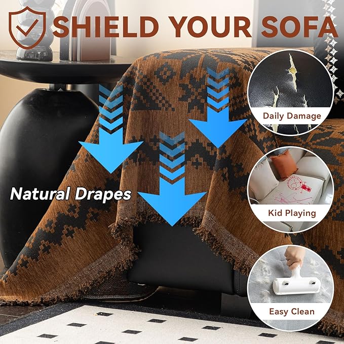 VClife Boho Couch Cover for Christmas 1 Piece Soft Warm Couch Cover for Sectional Sofa, Washable Pumpkin and Black Jacquard 3-Seaters Sofa Covers for Home Office RV 71"x150"