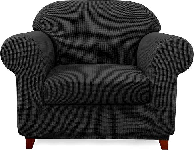 SUBRTEX Stretch Armchair Sofa Slipcover 2 Piece Sofa Cover 1 Seater Soft Couch Slipcover Washable Furniture Covers, Jacquard Fabric Armchair Checks(Black,Armchair)