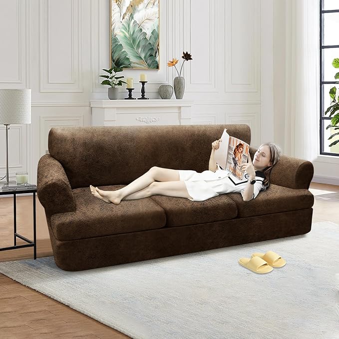 4-Piece T Couch Cover - Leather Look Slipcovers for 3 Cushion Sofa, Brown