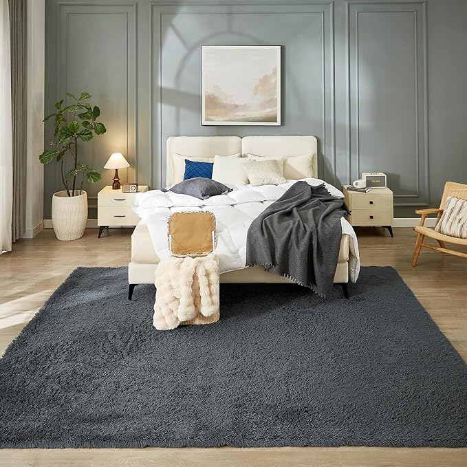 Floralux 8x10 Rugs for Bedroom, Dark Grey, Large Area Rug for Living Room, Soft Fluffy Shag Carpet