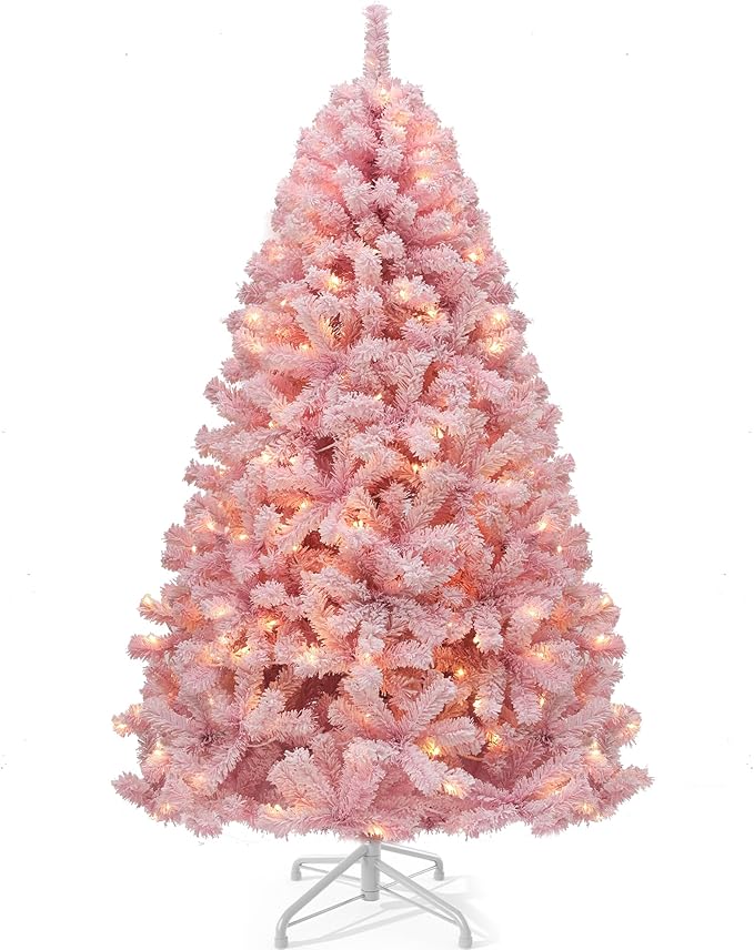 YITAHOME 7.5 FT Prelit Pink Flocked Christmas Tree, Pre-Lit Pink Spruce Artificial Christmas Tree with 1346 PVC Flocked Tips and 550 Warm-White Lights for Home, Office Decoration