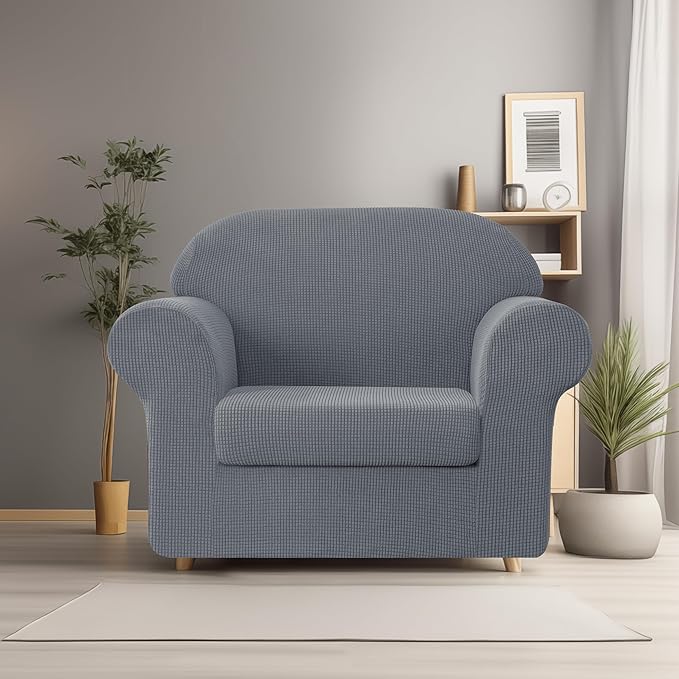 SUBRTEX Sofa Slipcover Stretch Chair Covers 2 Piece 1 Seater Armchair Couch Sofa Cover Washable Furniture Protector with Elastic Bottom for Kids, Pets(Light Gray, Armchair)