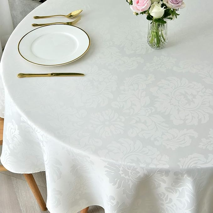 maxmill Jacquard Round Table Cloth Damask Design Waterproof Antiwrinkle Heavy Weight Soft Tablecloths for Circular Table Cover and Kitchen Dinning Tabletop Round 70 Inch Ivory
