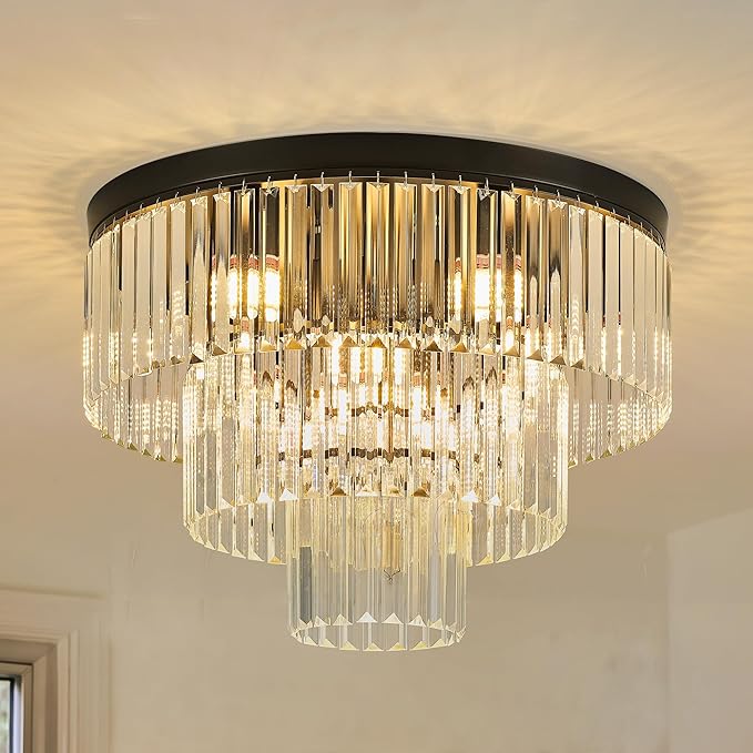 21.65" Black Crystal Ceiling Light 10-Light Modern Crystal Ceiling Light Fixture 3-Tier Luxury K9 Crystal Ceiling Light,for Dining Room Kitchen Island Living Room Bedroom