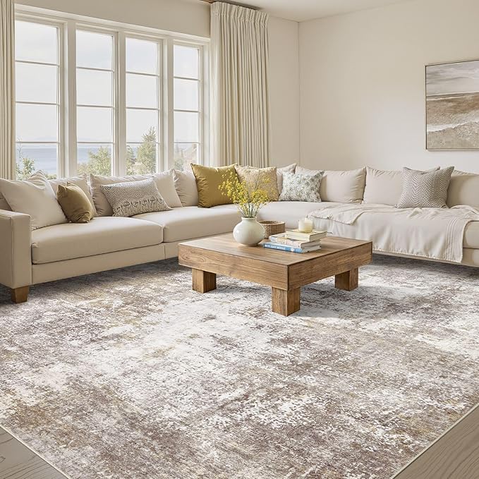 Washable 10X14 Area Rug: Modern Abstract Soft Non-Slip Indoor Rugs - Low Pile Stain Resistant Foldable Rug for Living Room Bedroom Dining Room Playroom Office(Golden Brown 10'x14')