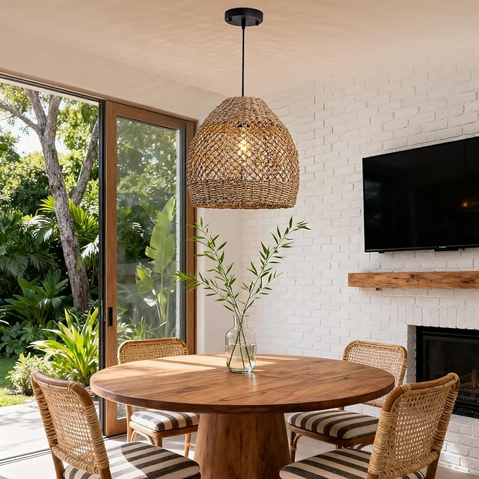 Rustic Rattan Pendant Lights, 13.78" Hand-Woven Farmhouse Light Fixture, Round Ceiling Hanging Chandelier Crafts Lampshade for Kitchen Island Entry Living Room Bedroom Foyer Hallway