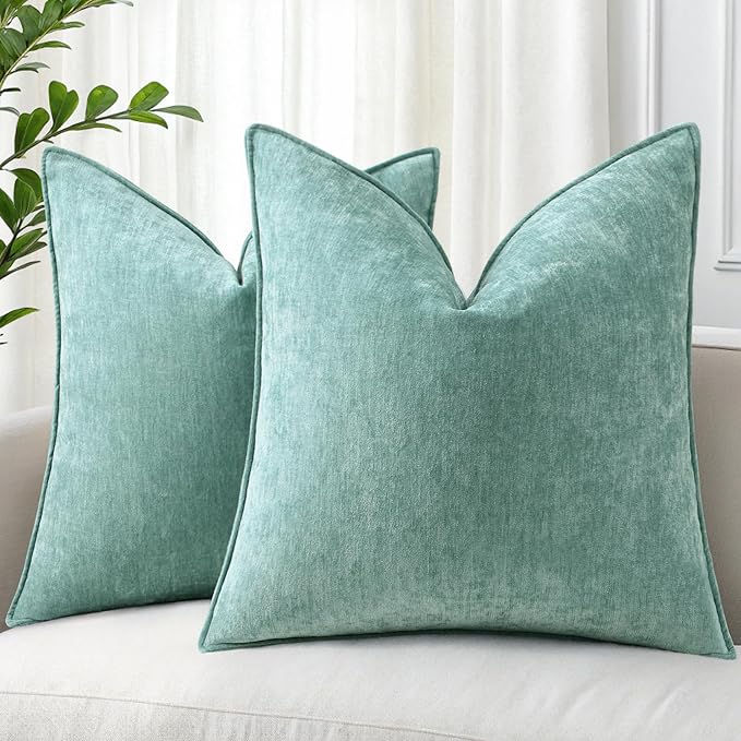 decorUhome Christmas Couch Throw Pillow Covers 16x16 Set of 2, Decorative Soft Euro Velvet Neutral Chenille Pillow Covers with Elegant Design for Sofa Bed Living Room Home Decor, Aqua Haze