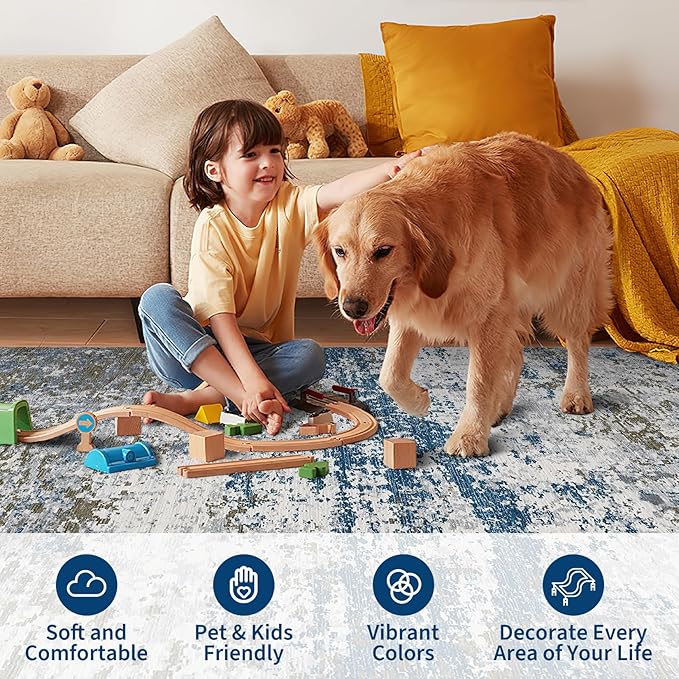 Modern Abstract 2x8 Runner Rug Non Slip Non Shedding Rug Low Pile Stain Resistant for Bedroom Hallway Kitchen,Navy