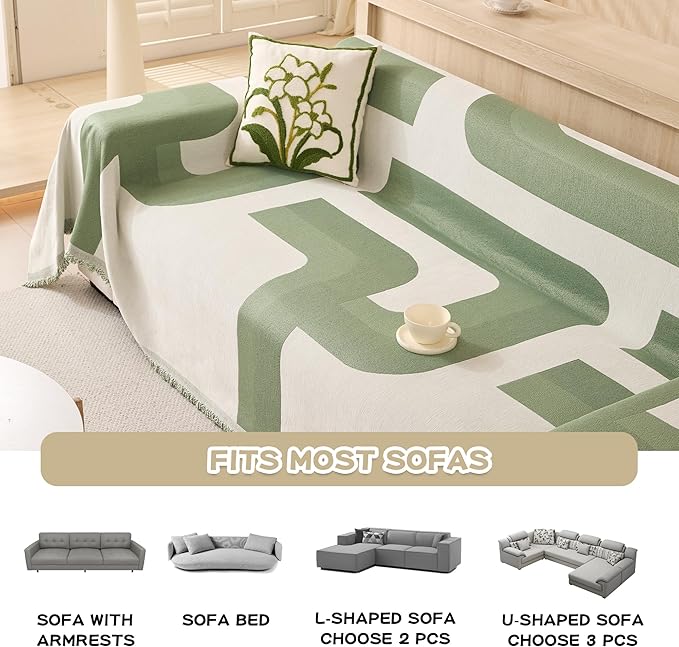 MEETSKY Couch Covers for 3 Cushion Couch Pet Friendly, Washable Modern Jacquard Sofa Slipcover L Shape Sofa Protector for 3 Sets Couch Sofa, Chenille Couch Cover for Dogs, 91" x 150", Sage Geometry