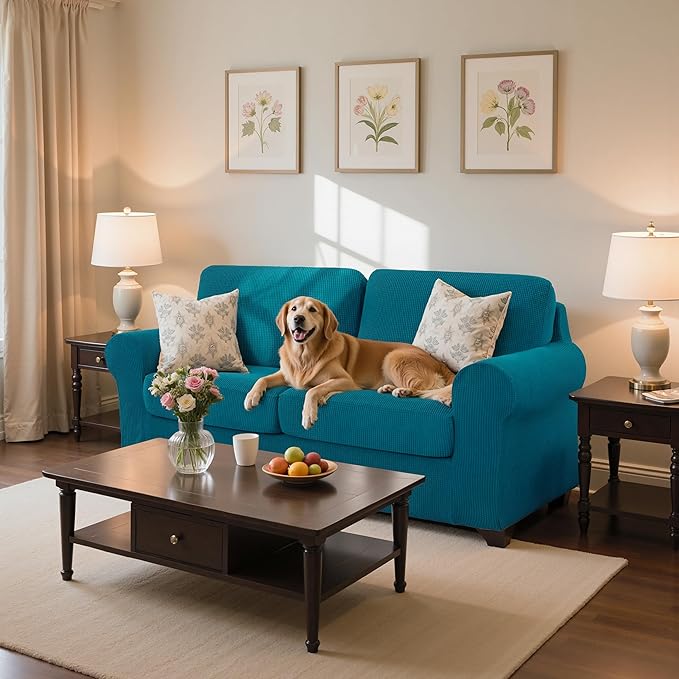 subrtex 3 Pieces Sofa Slipcover Sets (Small, Turquoise) - Stretch Couch Cover, Furniture Protector Collection for Oversize Sofa, Loveseat, Chair - Washable, Wear Resistant, Elastic