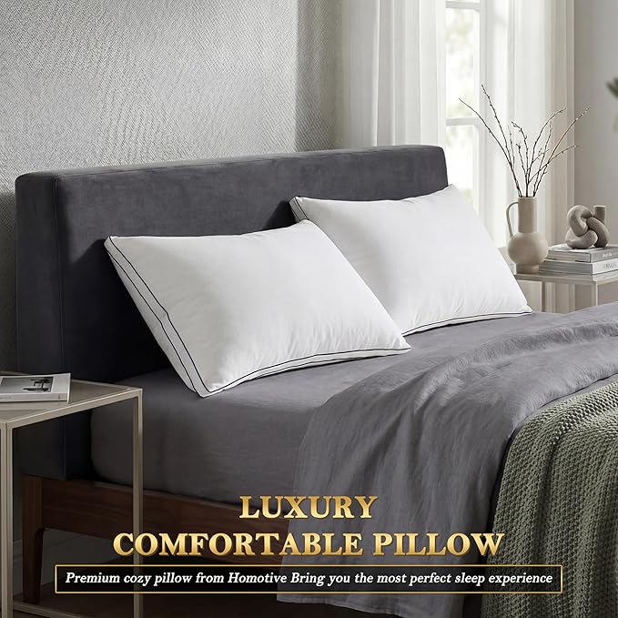 Feather Pillows Queen Size Set of 2 Goose Down Pillows with 100% Breathable Cotton Cover, Hotel Collection Bed Pillows for Sleeping, Soft Support for Back, Stomach and Side Sleepers