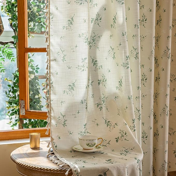 OYX Sage Green Spring Floral Curtains 84 Inch Length 2panels for Living Room, French Country Vintage Light Filtering Patterned Aesthetic Drapes for Bedroom, Rod Pocket Decor Window Treatment Curtains