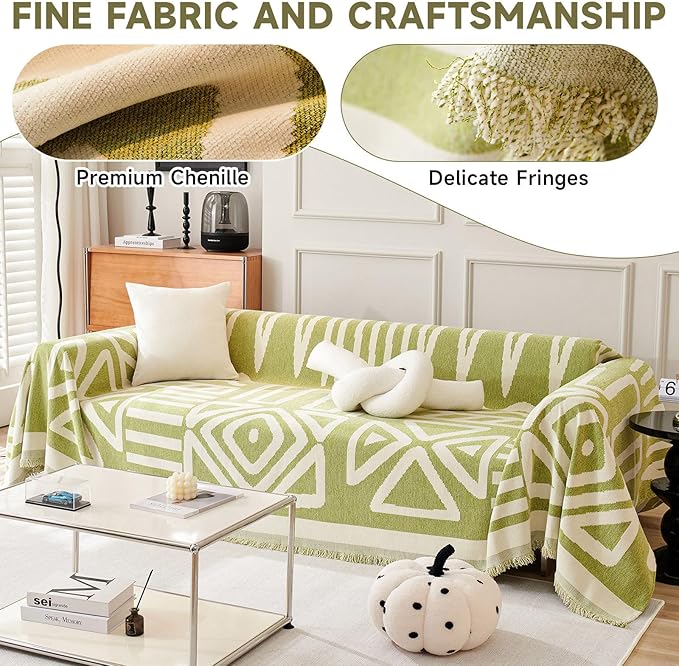 VClife Couch Cover Boho, Green Jacquard Sofa Cover for 3 Cushion Couch Sofa, Anti Slip Dog Sofa Couch Cover Washable Sofa Slipcover L-Shape Sectional Sofa Cover with Tassel, 91"x150"