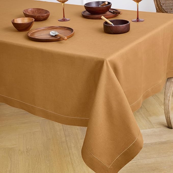 Solino Home Brown Sugar Linen Tablecloth 60 x 108 Inch - Classic Hemstitch, 100% Pure Linen Rectangular Tablecloth - Machine Washable Table Cloth for Fall, Autumn, Thanksgiving