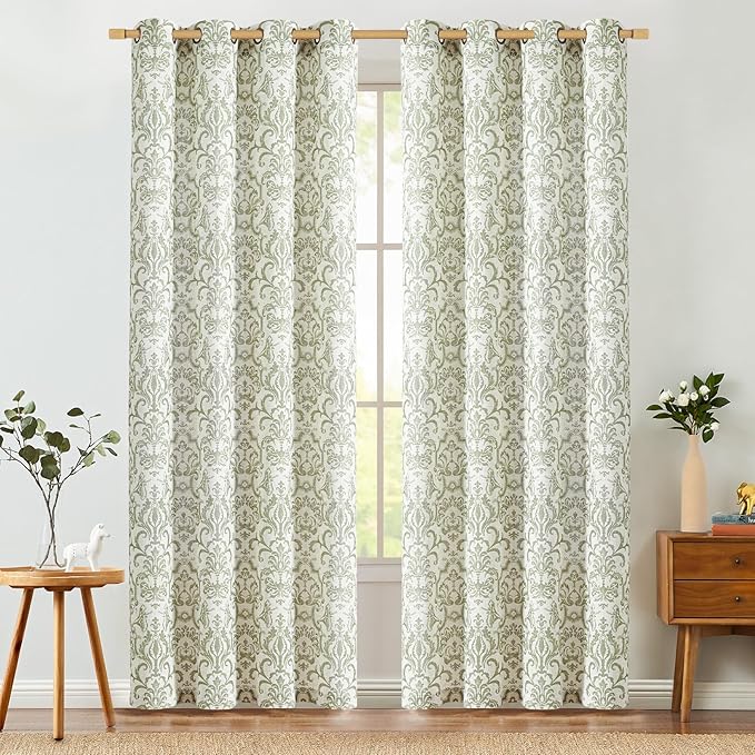 jinchan Curtains for Bedroom, Light Filtering Curtains 72 Inch Length 2 Panels Set, Baroque Style Linen Drapes for Living Room, Vintage Damask Patterned Window Treatments, Grommet Sage Green on Flax