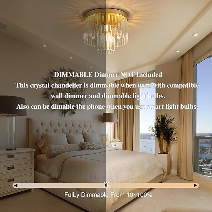 12.6" Gold Crystal Modern Crystal Ceiling Light Fixture, 2-Tier Luxury K9 Crystal, for Dining Room, Kitchen, Island, Living Room, Bedroom