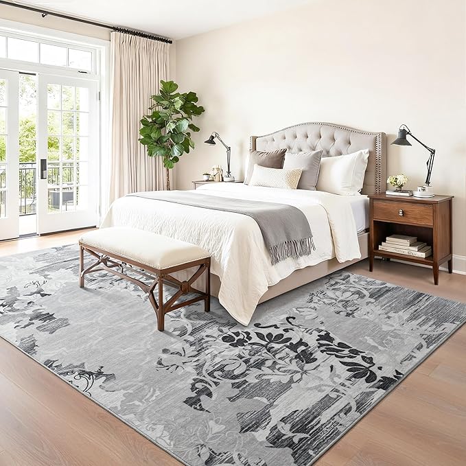 Keeko 5x7 Area Rugs for Living Room, Modern Abstract Floral Pattern Rugs for Bedroom, Soft Washable Rug with Non-Slip Backing Low-Pile Non-Shedding Carpet for Kitchen Home Office Dining Table - Grey